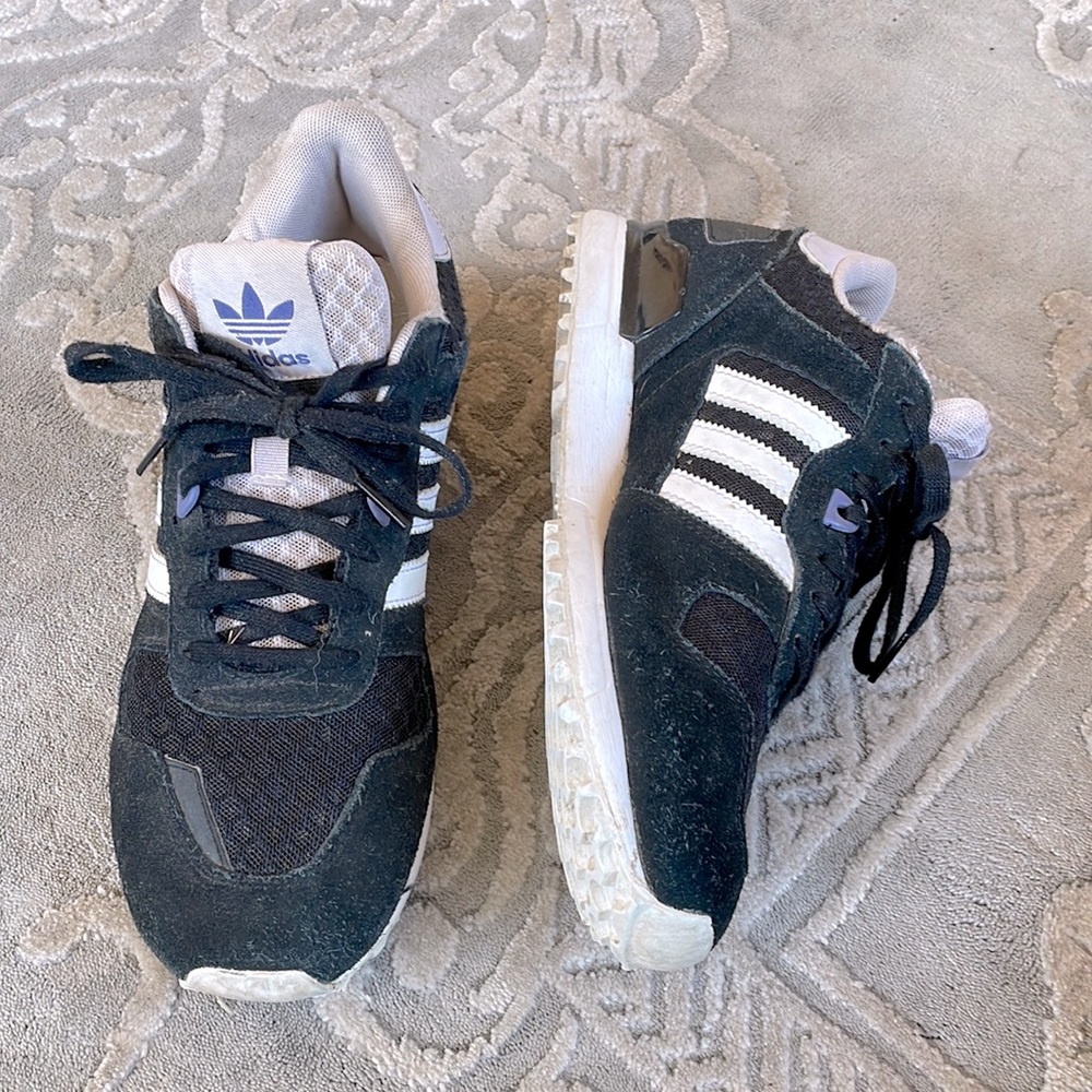 Adidas sneakers, women’s US size 8, black, white stripes, lavender details